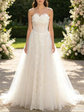 Ethereal Chantilly Lace & Tulle Bridal Gown – Strapless Draped Organza Bust A-Line Wedding Dress