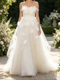 Blossom Enchanted 3D Floral Bridal Gown – Strapless Floating Tulle A-Line Wedding Dress