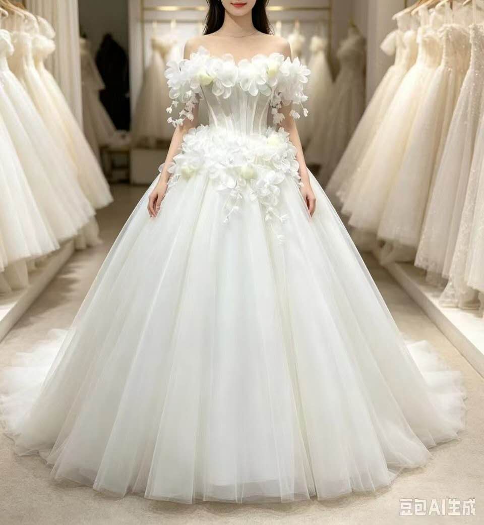 Enchanted 3D Floral Applique Bridal Gown – Off-the-Shoulder Tulle Princess Ball Gown