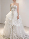 Royal Tiered Lace & Tulle Bridal Gown – Crystal Sweetheart Column Ballgown Hybrid