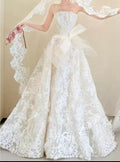 Romantic French Lace Strapless Bridal Gown – Asymmetric Organza Bow Tulle Wedding Dress