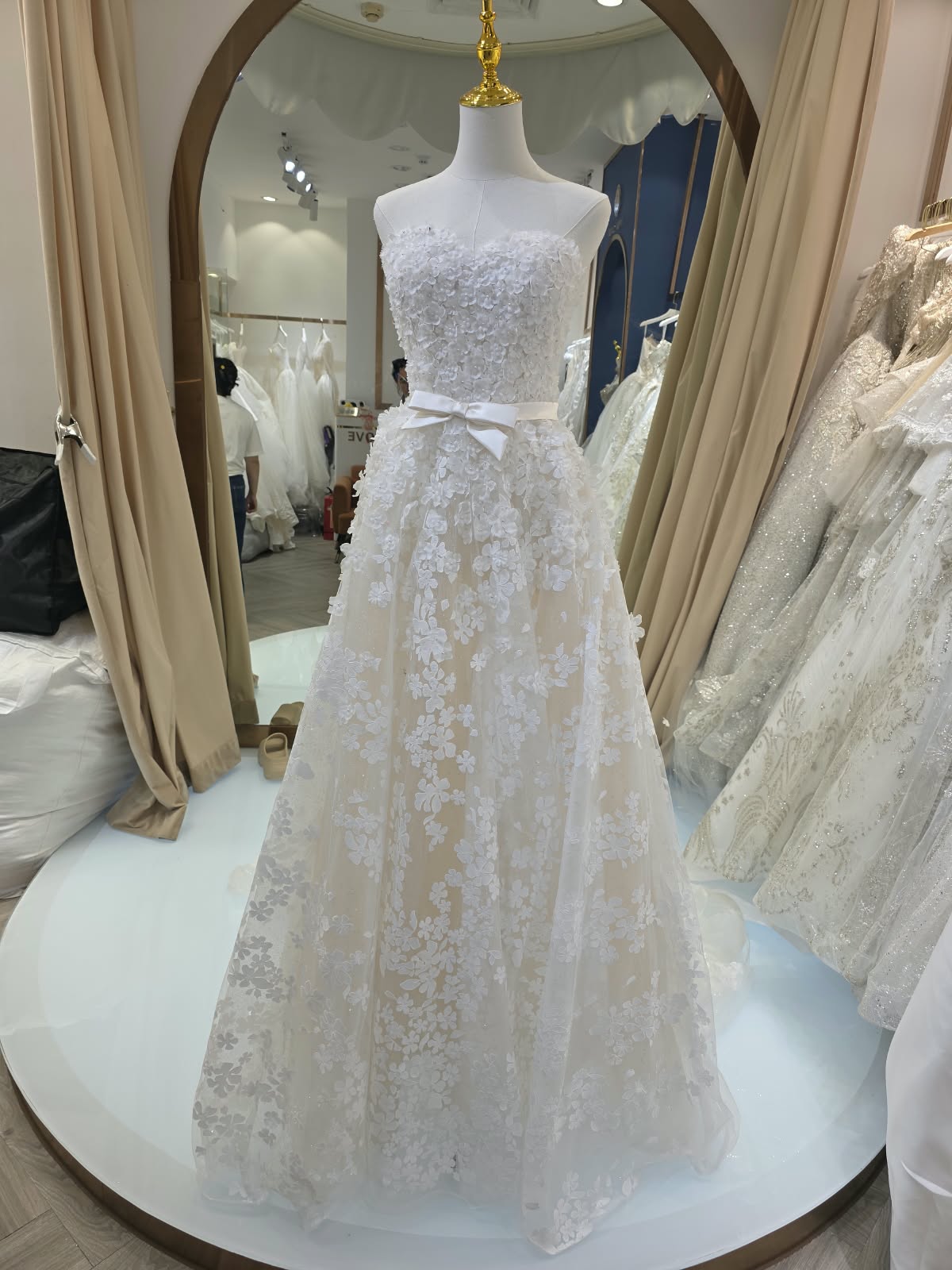 Blossom 3D Floral Applique Bridal Gown – Strapless Champagne & Ivory A-Line Wedding Dress