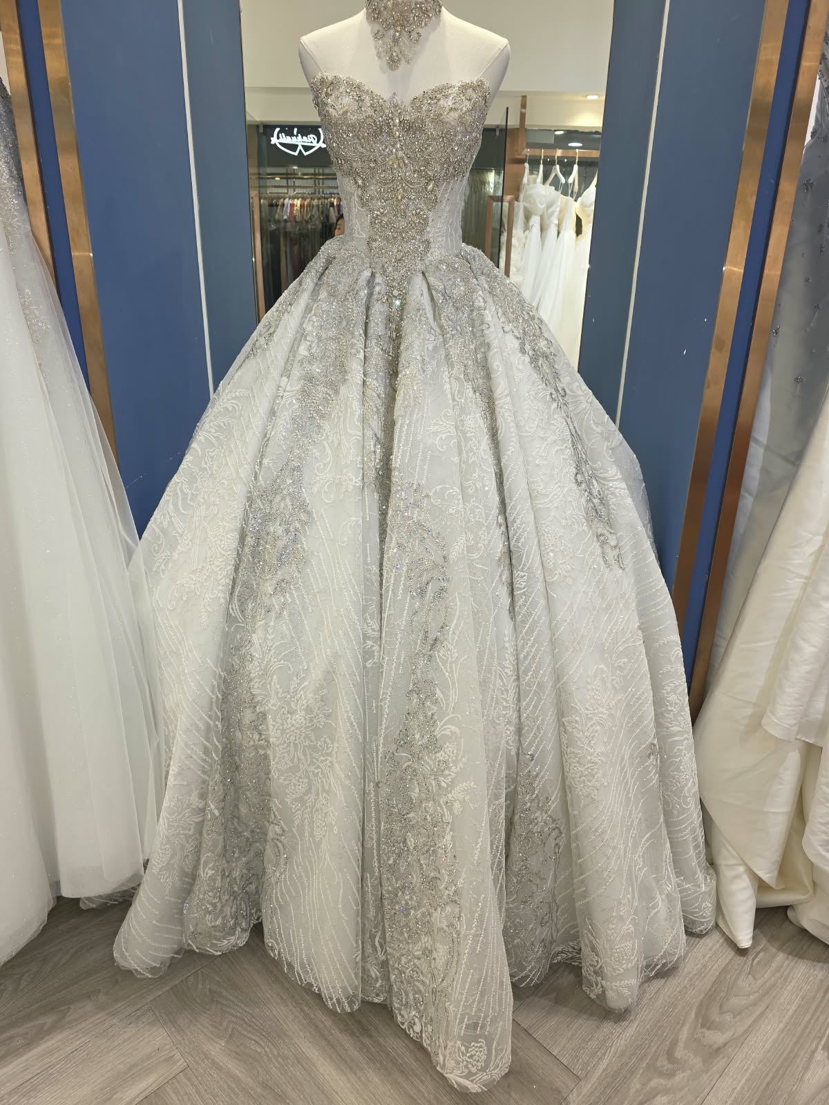 Majestic Crystal-Encrusted Royal Ballgown – Heavily Embellished Basques Waist Wedding Gown
