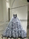 Couture Ruffled Tulle Ballgown – Crystal Corset Evening Dress in Dusty Lavender-Blue
