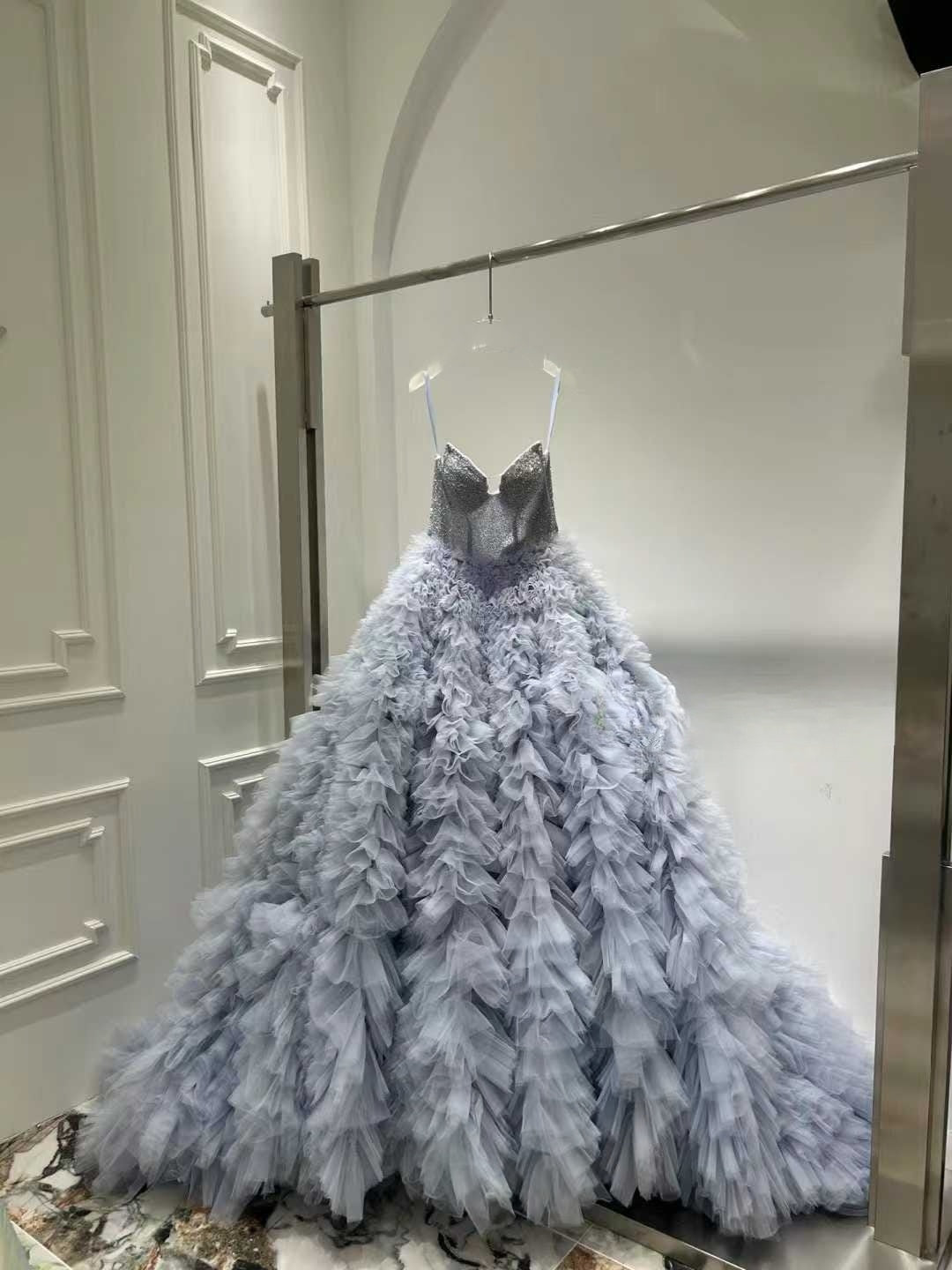 Couture Ruffled Tulle Ballgown – Crystal Corset Evening Dress in Dusty Lavender-Blue